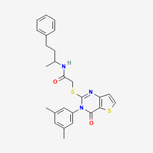molecular formula C26H27N3O2S2 B2508778 2-{[3-(3,5-二甲苯基)-4-氧代-3,4-二氢噻吩并[3,2-d]嘧啶-2-基]硫代}-N-(4-苯基丁-2-基)乙酰胺 CAS No. 1260944-17-9