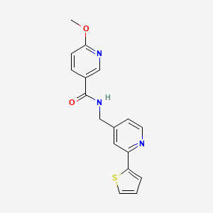 molecular formula C17H15N3O2S B2508918 6-methoxy-N-((2-(thiophen-2-yl)pyridin-4-yl)methyl)nicotinamide CAS No. 2034597-40-3