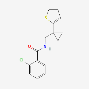 molecular formula C15H14ClNOS B2509093 2-chloro-N-((1-(thiophen-2-yl)cyclopropyl)methyl)benzamide CAS No. 1203071-97-9