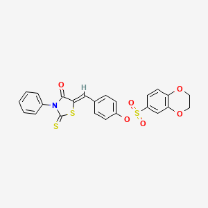 molecular formula C24H17NO6S3 B2509107 (Z)-4-((4-oxo-3-phenyl-2-thioxothiazolidin-5-ylidene)methyl)phenyl 2,3-dihydrobenzo[b][1,4]dioxine-6-sulfonate CAS No. 327104-61-0