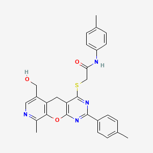 molecular formula C28H26N4O3S B2509161 2-{[11-(hydroxymethyl)-14-methyl-5-(4-methylphenyl)-2-oxa-4,6,13-triazatricyclo[8.4.0.0^{3,8}]tetradeca-1(10),3(8),4,6,11,13-hexaen-7-yl]sulfanyl}-N-(4-methylphenyl)acetamide CAS No. 2097924-72-4