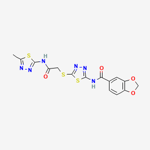 molecular formula C15H12N6O4S3 B2509164 N-(5-((2-((5-methyl-1,3,4-thiadiazol-2-yl)amino)-2-oxoethyl)thio)-1,3,4-thiadiazol-2-yl)benzo[d][1,3]dioxole-5-carboxamide CAS No. 477215-17-1