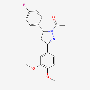 molecular formula C19H19FN2O3 B2509197 1-[5-(3,4-Dimethoxyphenyl)-3-(4-fluorophenyl)-3,4-dihydropyrazol-2-yl]ethanone CAS No. 370843-86-0