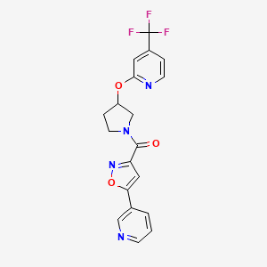 molecular formula C19H15F3N4O3 B2509225 (5-(吡啶-3-基)异恶唑-3-基)(3-((4-(三氟甲基)吡啶-2-基)氧基)吡咯烷-1-基)甲酮 CAS No. 2034444-92-1