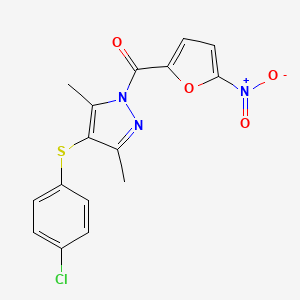 molecular formula C16H12ClN3O4S B2509227 (4-((4-chlorophenyl)thio)-3,5-dimethyl-1H-pyrazol-1-yl)(5-nitrofuran-2-yl)methanone CAS No. 302583-90-0