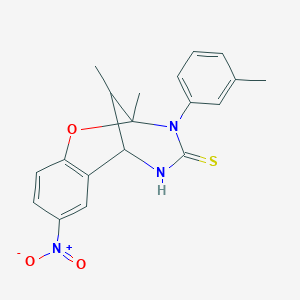 molecular formula C19H19N3O3S B2509273 2,11-dimethyl-8-nitro-3-(m-tolyl)-5,6-dihydro-2H-2,6-methanobenzo[g][1,3,5]oxadiazocine-4(3H)-thione CAS No. 1009596-69-3