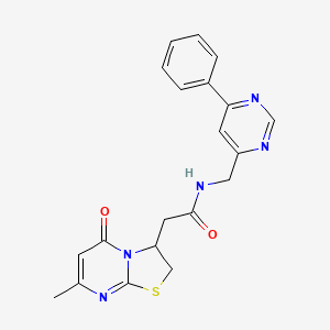 molecular formula C20H19N5O2S B2509289 2-(7-methyl-5-oxo-3,5-dihydro-2H-thiazolo[3,2-a]pyrimidin-3-yl)-N-((6-phenylpyrimidin-4-yl)methyl)acetamide CAS No. 2178771-00-9