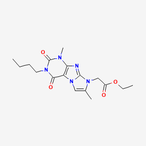 molecular formula C17H23N5O4 B2509309 Ethyl 2-(3-butyl-1,7-dimethyl-2,4-dioxo-1,3,5-trihydro-4-imidazolino[1,2-h]pur in-8-yl)acetate CAS No. 915900-31-1