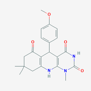 molecular formula C21H23N3O4 B2509353 1,8,8-Trimethyl-5-(4-methoxyphenyl)-7,8,9,10-tetrahydropyrimido[4,5-b]quinoline-2,4,6(1H,3H,5H)-trione CAS No. 868214-69-1