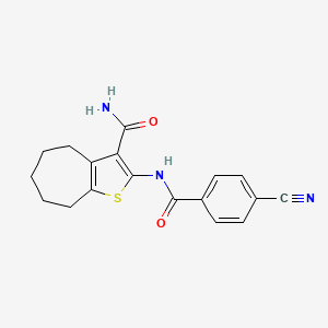 molecular formula C18H17N3O2S B2509360 2-(4-氰基苯甲酰胺)-5,6,7,8-四氢-4H-环庚[b]噻吩-3-甲酰胺 CAS No. 477494-19-2