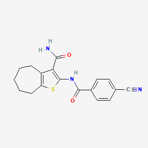 molecular formula C18H17N3O2S B2509360 2-(4-cyanobenzamido)-4H,5H,6H,7H,8H-cyclohepta[b]thiophene-3-carboxamide CAS No. 477494-19-2