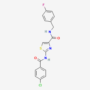 molecular formula C18H13ClFN3O2S B2509362 2-(4-氯苯甲酰胺)-N-(4-氟苄基)噻唑-4-甲酰胺 CAS No. 954682-18-9