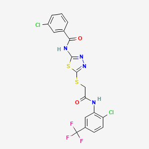 molecular formula C18H11Cl2F3N4O2S2 B2509366 3-chloro-N-(5-((2-((2-chloro-5-(trifluoromethyl)phenyl)amino)-2-oxoethyl)thio)-1,3,4-thiadiazol-2-yl)benzamide CAS No. 392299-03-5