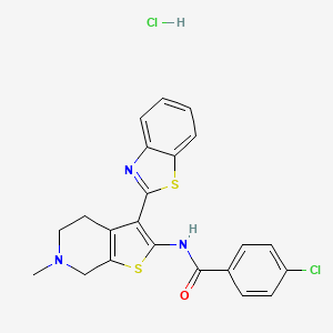 molecular formula C22H19Cl2N3OS2 B2509406 N-(3-(benzo[d]thiazol-2-yl)-6-methyl-4,5,6,7-tetrahydrothieno[2,3-c]pyridin-2-yl)-4-chlorobenzamide hydrochloride CAS No. 1329971-42-7