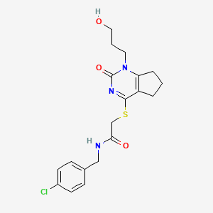 molecular formula C19H22ClN3O3S B2509453 N-(4-chlorobenzyl)-2-((1-(3-hydroxypropyl)-2-oxo-2,5,6,7-tetrahydro-1H-cyclopenta[d]pyrimidin-4-yl)thio)acetamide CAS No. 920254-67-7
