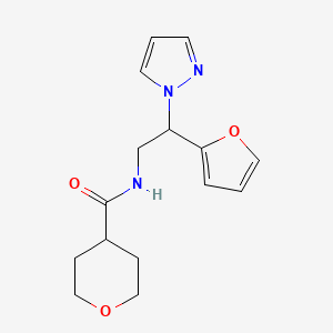 molecular formula C15H19N3O3 B2509505 N-(2-(呋喃-2-基)-2-(1H-吡唑-1-基)乙基)四氢-2H-吡喃-4-甲酰胺 CAS No. 2034593-77-4