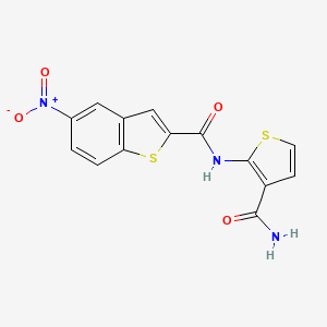 molecular formula C14H9N3O4S2 B2509561 N-(3-氨基甲酰基噻吩-2-基)-5-硝基-1-苯并噻吩-2-甲酰胺 CAS No. 941871-19-8