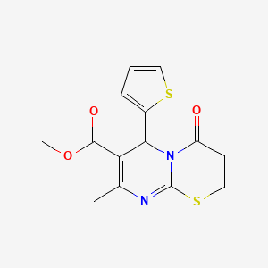 molecular formula C14H14N2O3S2 B2509572 methyl 8-methyl-4-oxo-6-thiophen-2-yl-3,6-dihydro-2H-pyrimido[2,1-b][1,3]thiazine-7-carboxylate CAS No. 324543-21-7