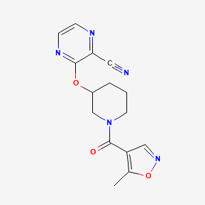 molecular formula C15H15N5O3 B2509661 3-((1-(5-Methylisoxazole-4-carbonyl)piperidin-3-yl)oxy)pyrazine-2-carbonitrile CAS No. 2034229-28-0