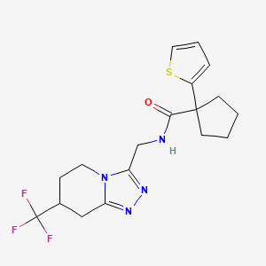 molecular formula C18H21F3N4OS B2509806 1-(thiophen-2-yl)-N-((7-(trifluoromethyl)-5,6,7,8-tetrahydro-[1,2,4]triazolo[4,3-a]pyridin-3-yl)methyl)cyclopentanecarboxamide CAS No. 2034294-81-8