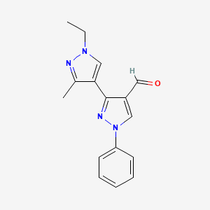 molecular formula C16H16N4O B2509878 1'-ethyl-3'-methyl-1-phenyl-1H,1'H-3,4'-bipyrazole-4-carbaldehyde CAS No. 1006483-39-1