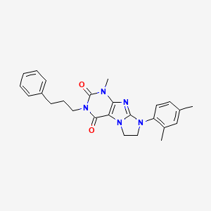 molecular formula C25H27N5O2 B2509930 8-(2,4-Dimethylphenyl)-1-methyl-3-(3-phenylpropyl)-1,3,5-trihydroimidazolidino [1,2-h]purine-2,4-dione CAS No. 922452-28-6