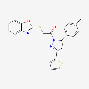 molecular formula C23H19N3O2S2 B2509939 2-(1,3-Benzoxazol-2-ylthio)-1-[3-(4-methylphenyl)-5-thiophen-2-yl-3,4-dihydropyrazol-2-yl]ethanone CAS No. 403843-20-9
