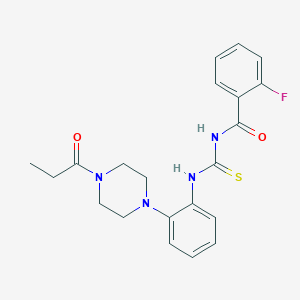 molecular formula C21H23FN4O2S B250995 2-fluoro-N-{[2-(4-propanoylpiperazin-1-yl)phenyl]carbamothioyl}benzamide 