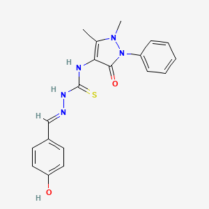 molecular formula C19H19N5O2S B2509961 (E)-N-(1,5-二甲基-3-氧代-2-苯基-2,3-二氢-1H-吡唑-4-基)-2-(4-羟基亚苄基)肼硫代酰胺 CAS No. 300830-21-1