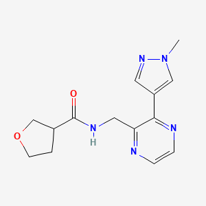 molecular formula C14H17N5O2 B2509992 {3-(1-メチル-1H-ピラゾール-4-イル)ピラジン-2-イル}メチル]オキソラン-3-カルボキサミド CAS No. 2034570-81-3