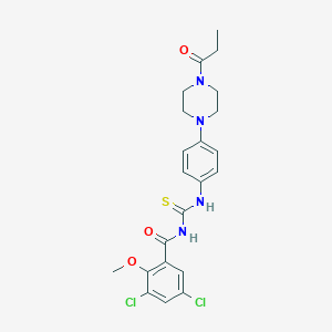 molecular formula C22H24Cl2N4O3S B251004 3,5-dichloro-2-methoxy-N-{[4-(4-propanoylpiperazin-1-yl)phenyl]carbamothioyl}benzamide 