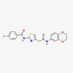 molecular formula C20H16FN3O4S B2510056 N-(4-(2-((2,3-dihydrobenzo[b][1,4]dioxin-6-yl)amino)-2-oxoethyl)thiazol-2-yl)-4-fluorobenzamide CAS No. 921566-20-3