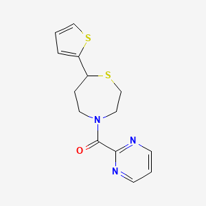 molecular formula C14H15N3OS2 B2510149 Pyrimidin-2-yl(7-(thiophen-2-yl)-1,4-thiazepan-4-yl)methanone CAS No. 1705890-88-5