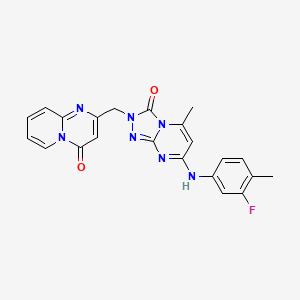 molecular formula C22H18FN7O2 B2510171 2-((7-((3-fluoro-4-methylphenyl)amino)-5-methyl-3-oxo-[1,2,4]triazolo[4,3-a]pyrimidin-2(3H)-yl)methyl)-4H-pyrido[1,2-a]pyrimidin-4-one CAS No. 1251631-79-4