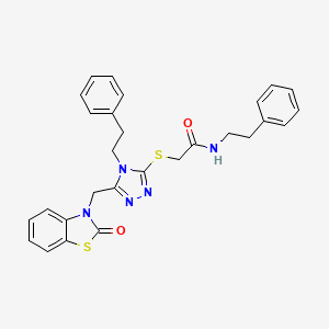 molecular formula C28H27N5O2S2 B2510183 2-((5-((2-oxobenzo[d]thiazol-3(2H)-yl)methyl)-4-phenethyl-4H-1,2,4-triazol-3-yl)thio)-N-phenethylacetamide CAS No. 896677-82-0