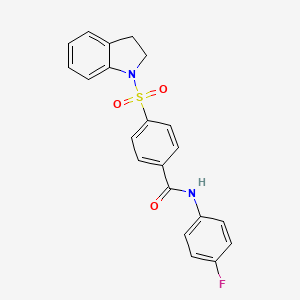 molecular formula C21H17FN2O3S B2510217 4-(2,3-dihydroindol-1-ylsulfonyl)-N-(4-fluorophenyl)benzamide CAS No. 476633-72-4