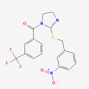 molecular formula C18H14F3N3O3S B2510308 (2-((3-nitrobenzyl)thio)-4,5-dihydro-1H-imidazol-1-yl)(3-(trifluoromethyl)phenyl)methanone CAS No. 851808-75-8