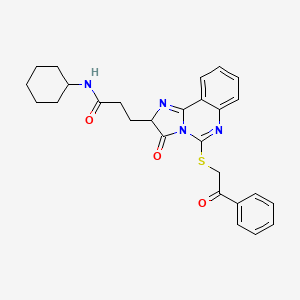 molecular formula C27H28N4O3S B2510354 N-cyclohexyl-3-(3-oxo-5-phenacylsulfanyl-2H-imidazo[1,2-c]quinazolin-2-yl)propanamide CAS No. 1041440-73-6