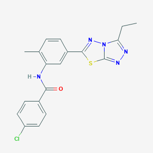 molecular formula C19H16ClN5OS B251048 4-chloro-N-[5-(3-ethyl[1,2,4]triazolo[3,4-b][1,3,4]thiadiazol-6-yl)-2-methylphenyl]benzamide 