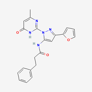 molecular formula C21H19N5O3 B2510480 N-(3-(furan-2-yl)-1-(4-methyl-6-oxo-1,6-dihydropyrimidin-2-yl)-1H-pyrazol-5-yl)-3-phenylpropanamide CAS No. 1207016-73-6