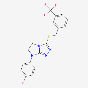 molecular formula C18H14F4N4S B2510488 7-(4-fluorophenyl)-3-({[3-(trifluoromethyl)phenyl]methyl}sulfanyl)-5H,6H,7H-imidazo[2,1-c][1,2,4]triazole CAS No. 923688-96-4