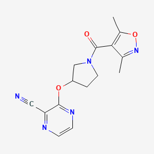 molecular formula C15H15N5O3 B2510544 3-((1-(3,5-Dimethylisoxazole-4-carbonyl)pyrrolidin-3-yl)oxy)pyrazine-2-carbonitrile CAS No. 2034282-37-4