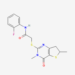 molecular formula C16H16FN3O2S2 B2510553 2-((3,6-dimethyl-4-oxo-3,4,6,7-tetrahydrothieno[3,2-d]pyrimidin-2-yl)thio)-N-(2-fluorophenyl)acetamide CAS No. 688353-29-9