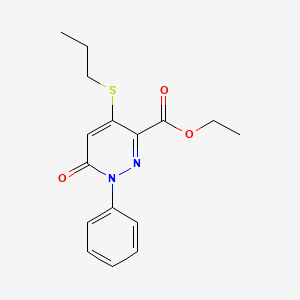 molecular formula C16H18N2O3S B2510576 Ethyl 6-oxo-1-phenyl-4-(propylsulfanyl)-1,6-dihydro-3-pyridazinecarboxylate CAS No. 339031-57-1