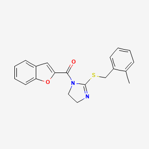 molecular formula C20H18N2O2S B2510736 苯并呋喃-2-基(2-((2-甲基苄基)硫代)-4,5-二氢-1H-咪唑-1-基)甲酮 CAS No. 851801-44-0