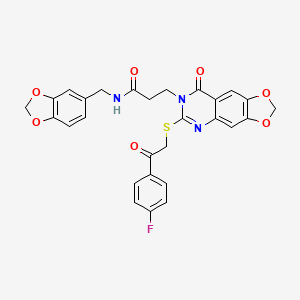 molecular formula C28H22FN3O7S B2510797 N-(1,3-benzodioxol-5-ylmethyl)-3-[6-[2-(4-fluorophenyl)-2-oxoethyl]sulfanyl-8-oxo-[1,3]dioxolo[4,5-g]quinazolin-7-yl]propanamide CAS No. 896705-35-4