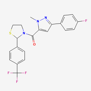 molecular formula C21H17F4N3OS B2510814 (3-(4-fluorophenyl)-1-methyl-1H-pyrazol-5-yl)(2-(4-(trifluoromethyl)phenyl)thiazolidin-3-yl)methanone CAS No. 2034484-15-4