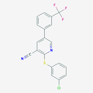 molecular formula C19H10ClF3N2S B2510829 2-[(3-Chlorophenyl)sulfanyl]-5-[3-(trifluoromethyl)phenyl]nicotinonitrile CAS No. 338964-73-1