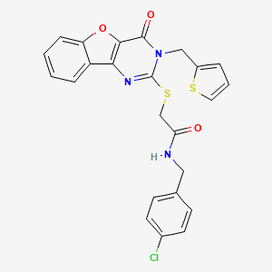 molecular formula C24H18ClN3O3S2 B2510876 N-(4-chlorobenzyl)-2-{[4-oxo-3-(thiophen-2-ylmethyl)-3,4-dihydro[1]benzofuro[3,2-d]pyrimidin-2-yl]sulfanyl}acetamide CAS No. 900002-70-2