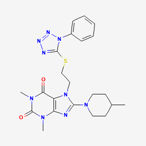 molecular formula C22H27N9O2S B2511157 1,3-dimethyl-8-(4-methylpiperidin-1-yl)-7-(2-((1-phenyl-1H-tetrazol-5-yl)thio)ethyl)-1H-purine-2,6(3H,7H)-dione CAS No. 850914-60-2